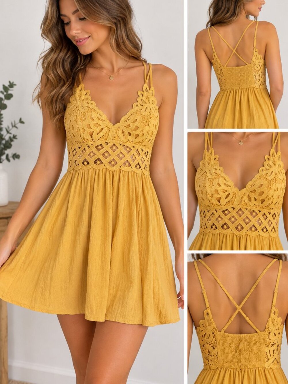 SHEIN Yellow Mustard Crochet Lace Mini Dress XS Floral Boho